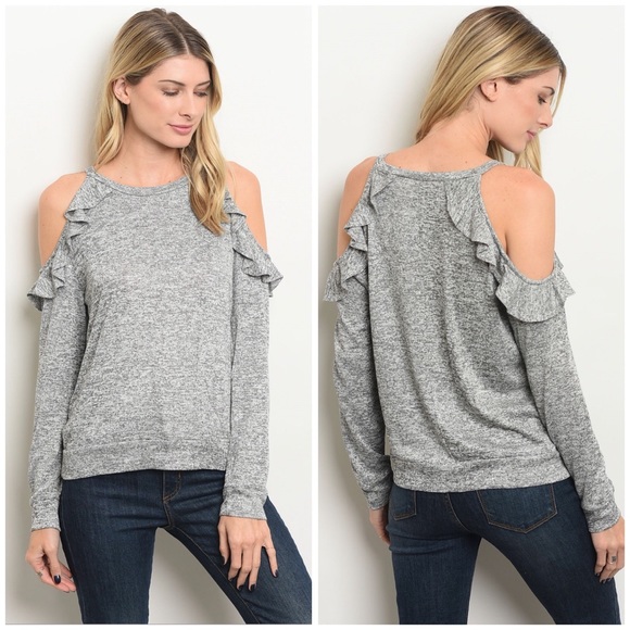 Marbled Gray Cold Shoulder Ruffle Top 19008 - Picture 3 of 3